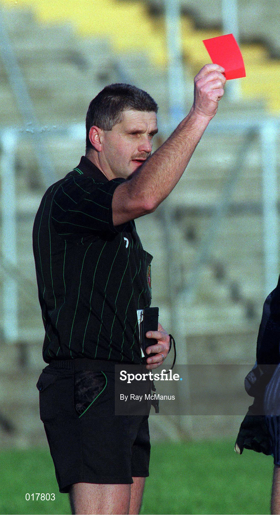 16 January 1999; Referee Brendan Ryan shows a red card during the O'Byrne Cup Quarter-Final match between Carlow and Dublin at Dr Cullen Park in Carlow. Photo by Ray McManus/Sportsfile