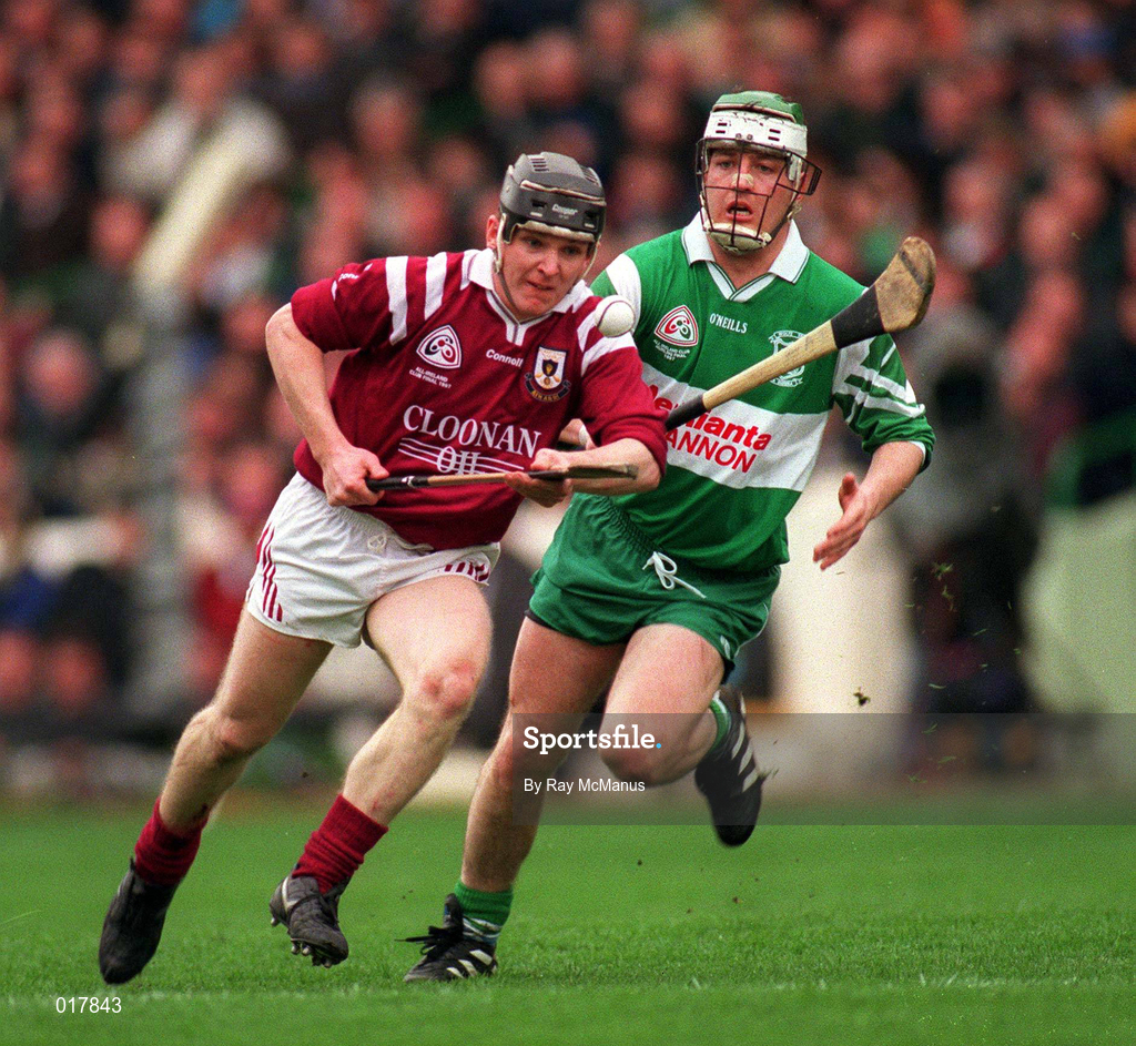 17 March 1997; Cathal Moran of Athenry in action against Gerry McIntyre of Wolf Tones during the All-Ireland Senior Club Hurling Championship Final match between Athenry and Wolfe Tones at Croke Park in Dublin. Photo by Ray McManus/Sportsfile