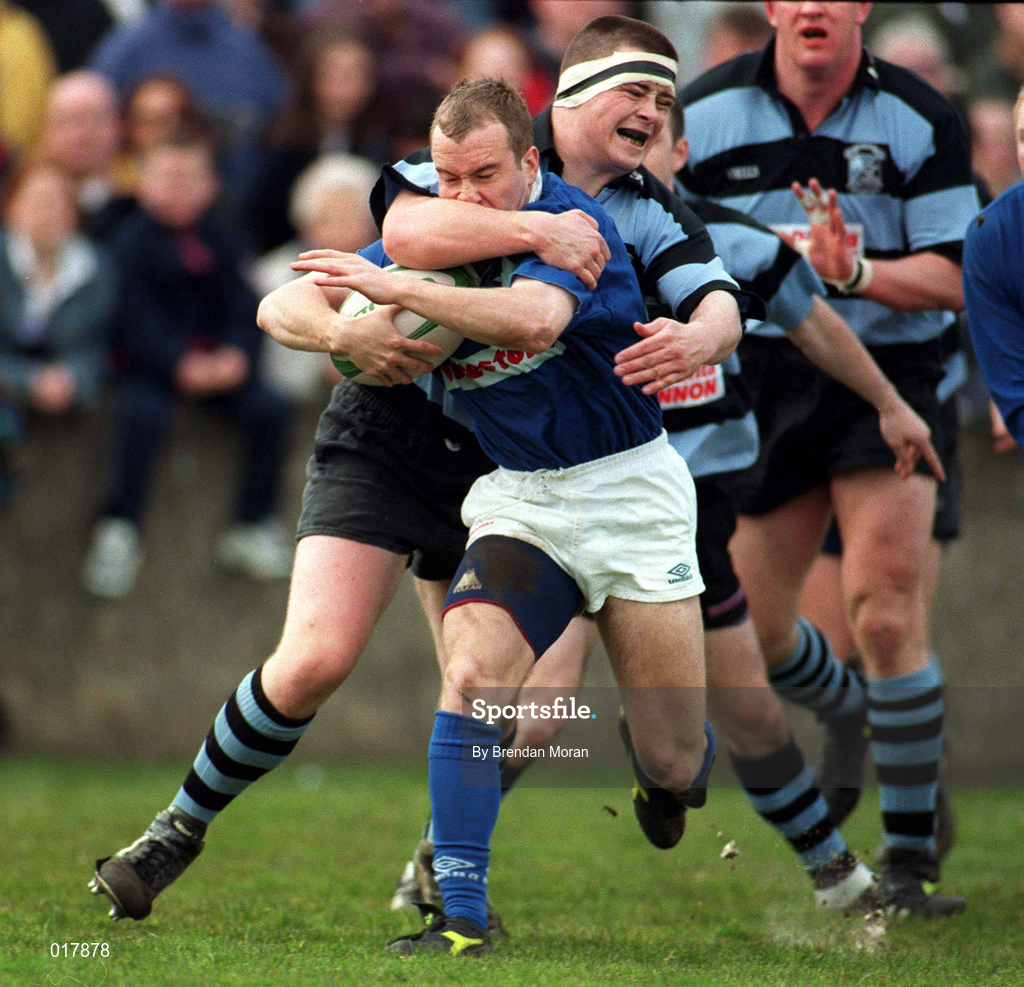 18 April 1998; Conor McGuinness of St, Mary's College RFC is tackled by Marcus Horan of Shannon RFC during the All-Ireland League Division 1 Semi-Final match between Shannon RFC and St Mary's College RFC at Thomond Park in Limerick. Photo by Brendan Moran/Sportsfile
