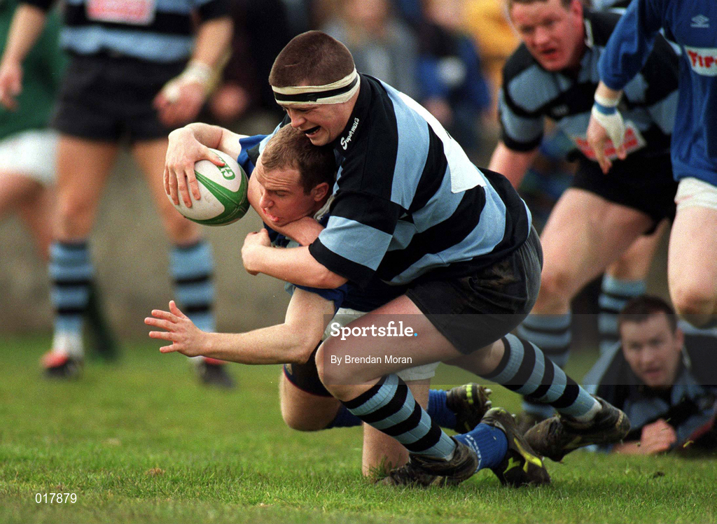 18 April 1998; Conor McGuinness of St Mary's College RFC goes over for a try despite the tackle of Marcus Horan of Shannon RFC during the All-Ireland League Division 1 Semi-Final match between Shannon RFC and St Mary's College RFC at Thomond Park in Limerick. Photo by Brendan Moran/Sportsfile
