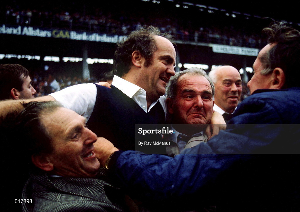 4 September 1988; Galway manager Cyril Farrell is congratulated by supporters following the All-Ireland Senior Hurling Championship Final match between Galway and Tipperary at Croke Park in Dublin. Photo by Ray McManus/