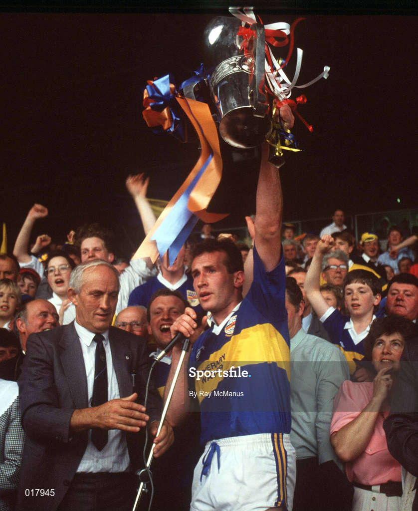 21 July 1991; Declan Carr of Tipperary lifts the Munster Cup following the Munster Senior Hurling Championship Final Replay match between Tipperary and Cork at Semple Stadium in Thurles, Tipperary. Photo by Ray McManus/Sportsfile