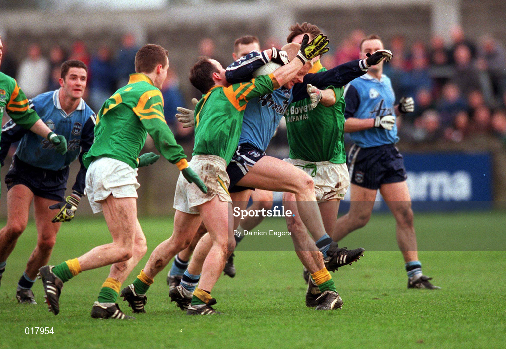 14 February 1999; Declan Darcy of Dublin in action against Garrett Foley of Leitrim during the Church & General National Football League Division 1 match between Dublin and Leitrim at Parnell Park in Dublin. Photo by Damien Eagers/Sportsfile