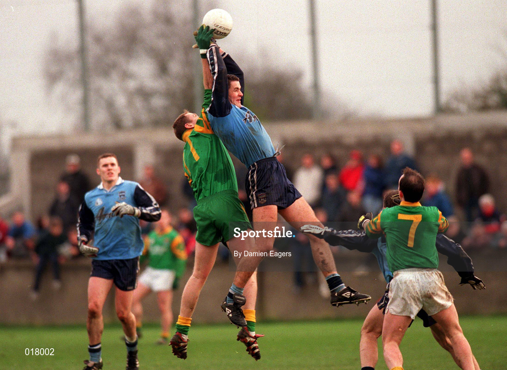 14 February 1999; Enda Sheedy of Dublin in action against Brendan Guckian of Leitrim during the Church & General National Football League Division 1 League match between Dublin and Leitrim at Parnell Park in Dublin. Photo by Damien Eagers/Sportsfile