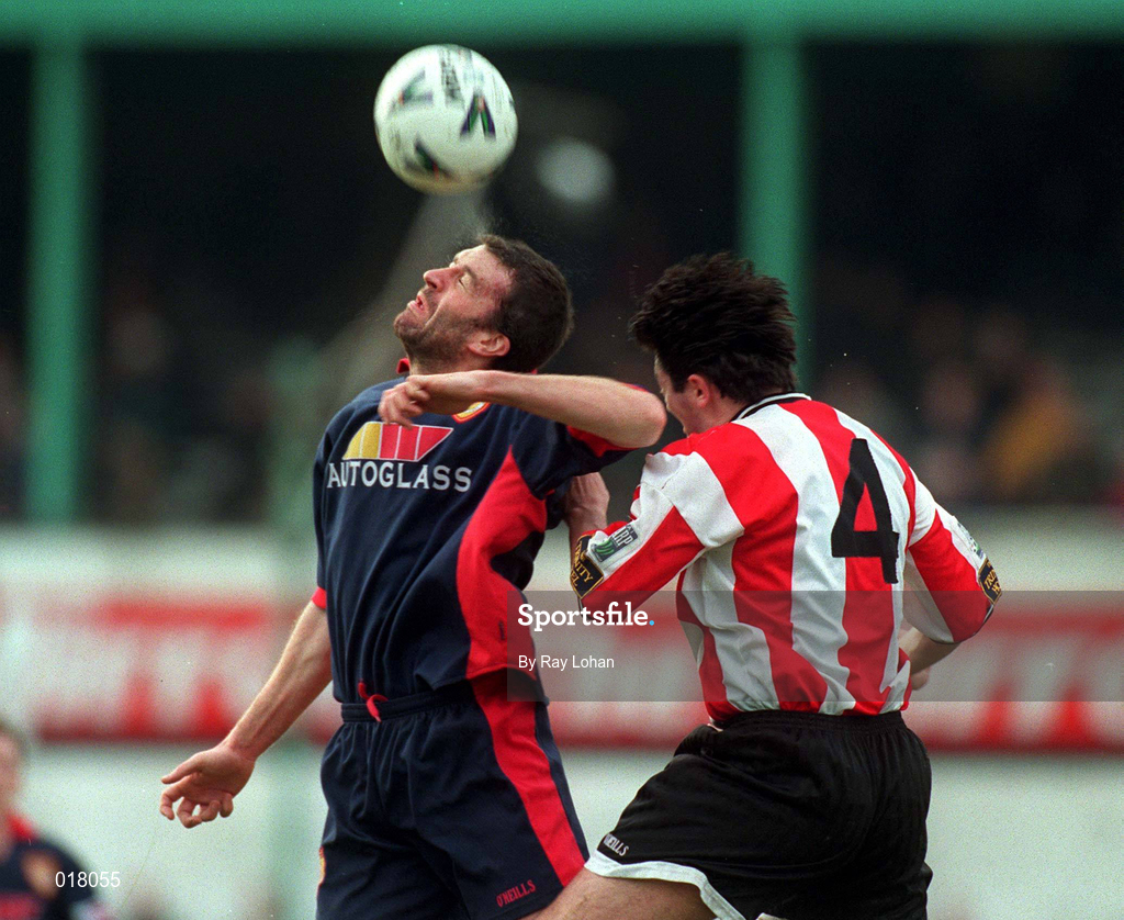14 February 1999; Ian Gilzean St Patrick's Athletic in action against Peter Hutton of Derry City during the Harp Lager National League Premier Division match between Derry City and St Patrick's Athletic at The Brandywell Stadium in Derry. Photo by Ray Lohan/Sportsfile