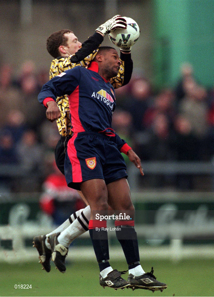 14 February 1999; David Platt of Derry City in action against Leon Braithwaite of St Patrick's Athletic during the Harp Lager National League Premier Division match between Derry City and St Patrick's Athletic at The Brandywell Stadium in Derry. Photo by Ray Lohan/Sportsfile