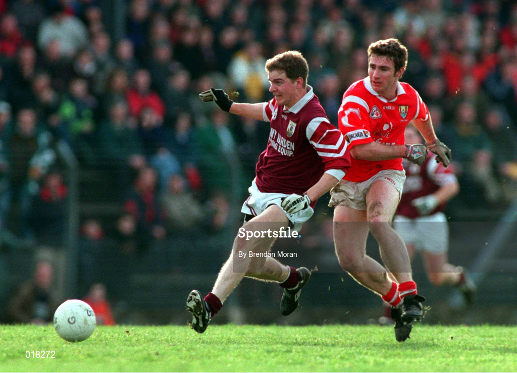 14 February 1999; Michael Donnellan of Galway in action against Owen Sexton of Cork during the Church & General National Football League Division 1 match between Cork and Galway at Páirc Uí Rinn in Cork. Photo by Brendan Moran/Sportsfile