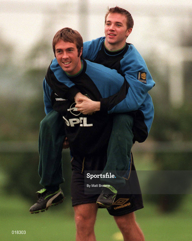 26 October 1997; Michael Evans, left, and David Connolly during a Republic of Ireland training session at the AUL Complex in Clonshaugh, Dublin.Photo by Matt Browne/Sportsfile