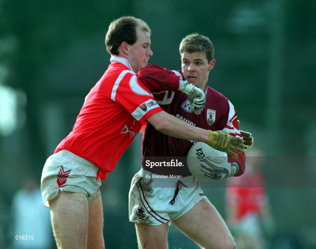 14 February 1999; Niall Finnegan of Galway in action against Ronan McCarthy of Cork during the Church & General National Football League Division 1 match between Cork and Galway at Páirc Uí Rinn in Cork. Photo by Brendan Moran/Sportsfile