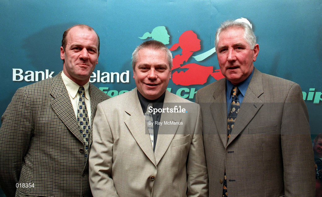 10 February 1999; The Kerry Gaeltacht will play host to eight of the top clubs in the country when they take part in this year's Comórtas Peile Pháidi Uí Shé on the 20th and 21st February, organised by Kerry Manager Páidi O Sé pictured here with former Kerry Midfielder Jack O'Shea, left, and former Dublin Goalkeeper Paddy Cullen. Photo by Ray McManus/Sportsfile
