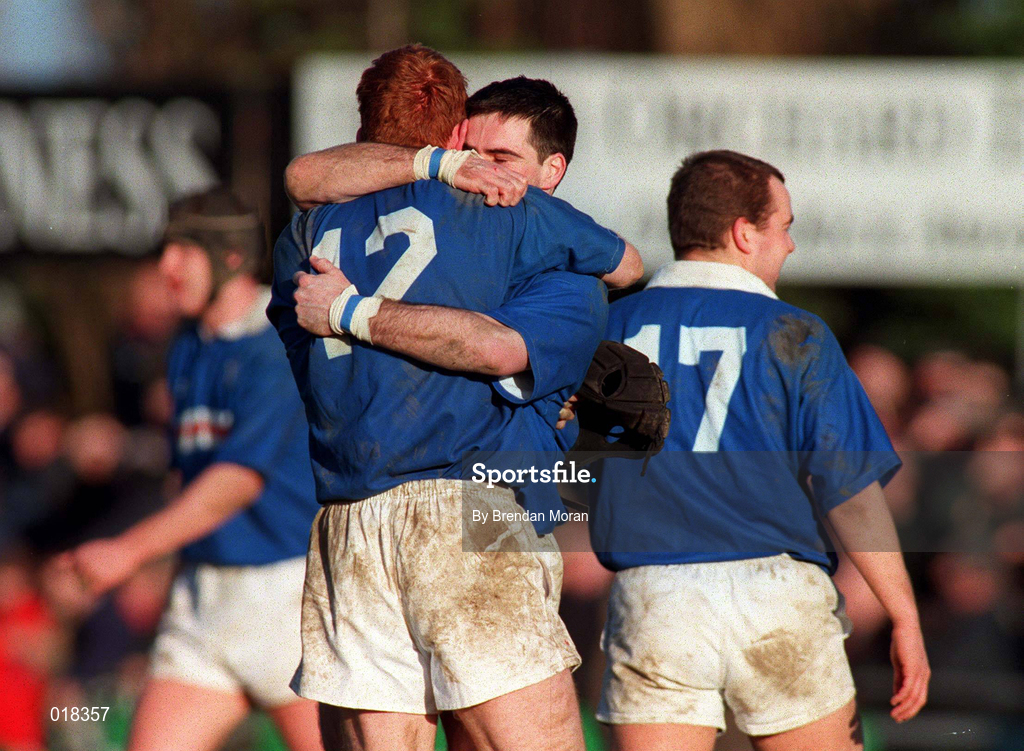 13 February 1999; Paddy Lane and Ray McIlreavy of St Mary's College celebrate at the full-time whistle following the AIB All-Ireland League Division 1 match between St Mary's College and Shannon RFC at Templeville Road in Dublin. Photo by Brendan Moran/Sportsfile