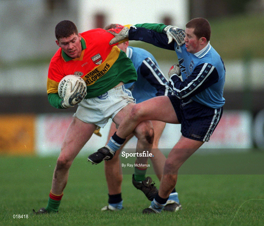 16 January 1999; Philip Nolan of Carlow in action against Brendan O'Brien of Dublin during the O'Byrne Cup Quarter-Final match between Carlow and Dublin at Dr Cullen Park in Carlow. Photo by Ray McManus/Sportsfile