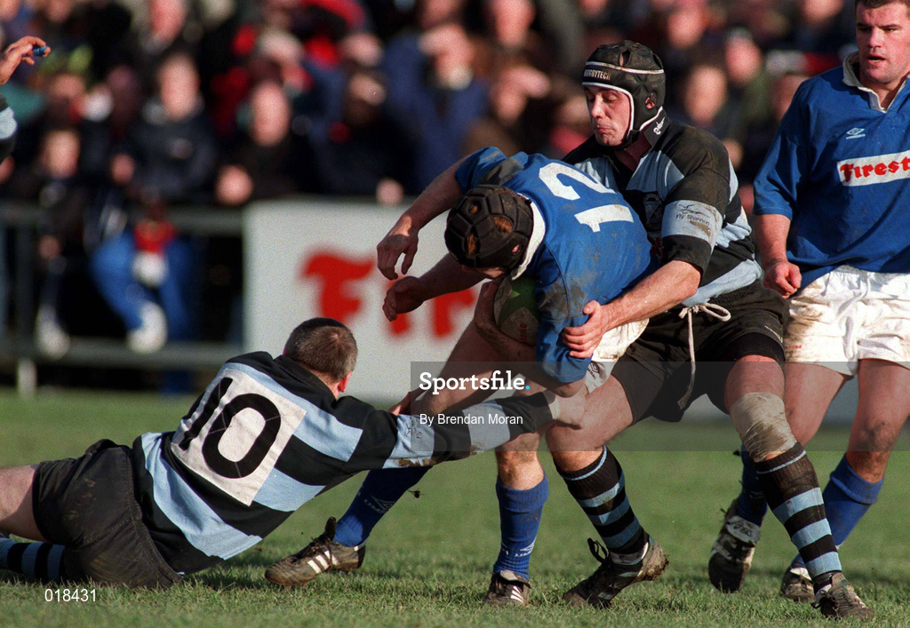 13 February 1999; Ray McIlreavy of St Mary's College, in action against Alan Quinlan, right, and Jim Galvin of Shannon during the AIB All-Ireland League Division 1 match between St Mary's College and Shannon RFC at Templeville Road in Dublin. Photo by Brendan Moran/Sportsfile