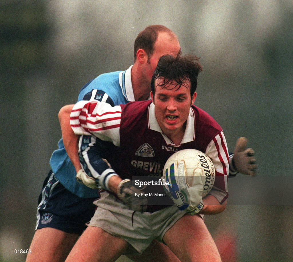 30 January 1999;  Rory O'Connell, Westmeath is tackled by Brian Stynes of Dublin during the O'Byrne Cup Semi-Final match between Dublin and Westmeath at Parnell Park in Dublin. Photo by Ray McManus/Sportsfile