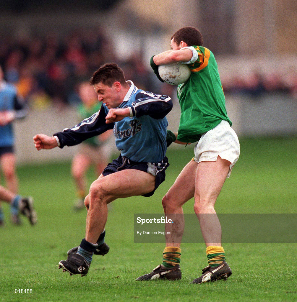 14 February 1999; Senan Connell of Dublin in action against Derek Kelleher of Leitrim during the Church & General National Football League Division 1 match between Dublin and Leitrim at Parnell Park in Dublin. Photo by Damien Eagers/Sportsfile