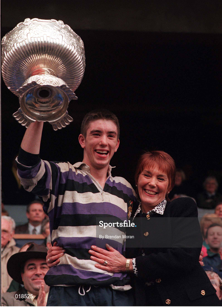 17 March 1997; Terenure captain David Blaney and his mother Dorothy Blaney with the trophy following the Leinster Schools Senior Cup Final match between Terenure College and Clongowes Wood College at Lansdowne Road in Dublon. Photo by Brendan Moran/Sportsfile