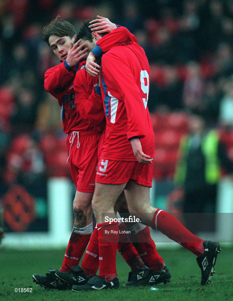 31 January 1999; Tony Sheridan of Shelbourne, right, celebrates scoring his side's first goal with team-mates Pat Fenlon and Richie Baker during the Harp Lager National League Premier Division match between Shelbourne and Cork City at Tolka Park in Dublin. Photo by Ray Lohan/Sportsfile
