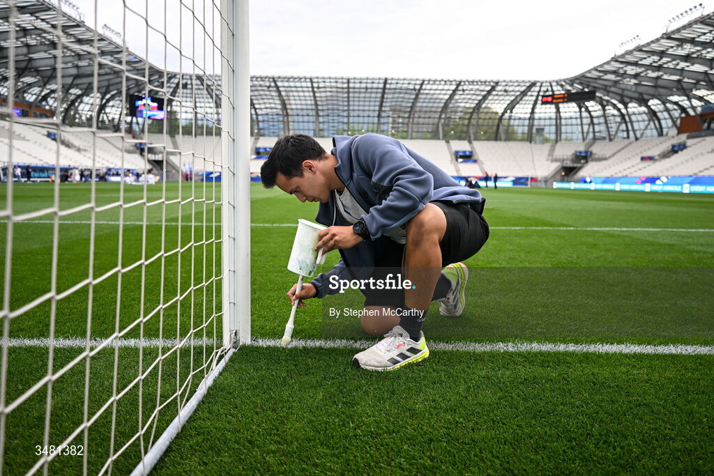 9 June 2026; A groundsman paints pitch markings before the 2027 FIFA Women’s World Cup Qualifier match between France and Republic of Ireland at Stade des Alpes in Grenoble, France. Photo by Stephen McCarthy/Sportsfile
