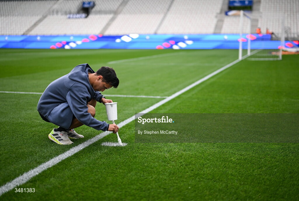 9 June 2026; A groundsman paints pitch markings before the 2027 FIFA Women’s World Cup Qualifier match between France and Republic of Ireland at Stade des Alpes in Grenoble, France. Photo by Stephen McCarthy/Sportsfile