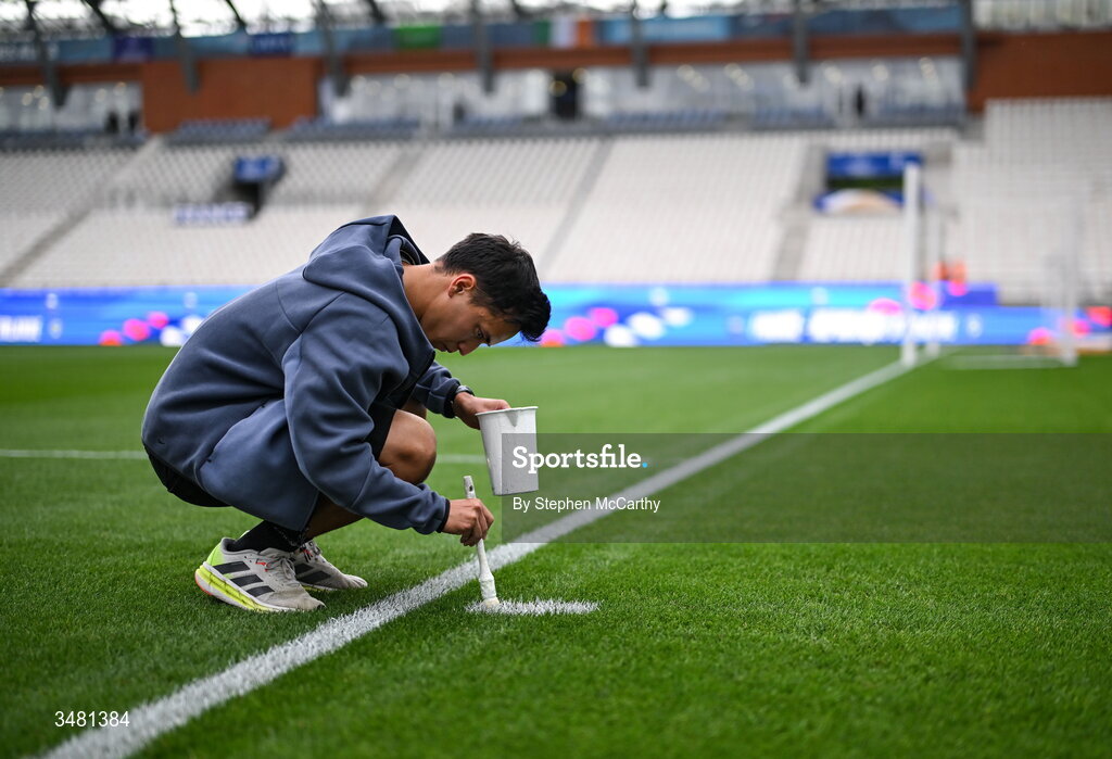 9 June 2026; A groundsman paints pitch markings before the 2027 FIFA Women’s World Cup Qualifier match between France and Republic of Ireland at Stade des Alpes in Grenoble, France. Photo by Stephen McCarthy/Sportsfile