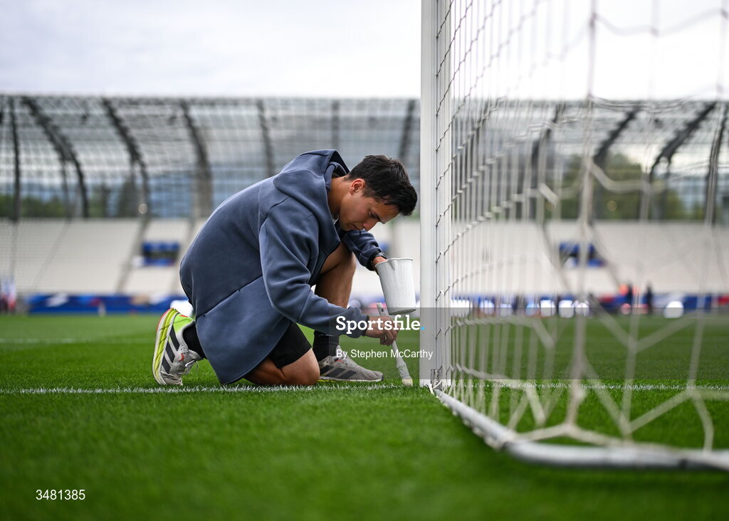 9 June 2026; A groundsman paints pitch markings before the 2027 FIFA Women’s World Cup Qualifier match between France and Republic of Ireland at Stade des Alpes in Grenoble, France. Photo by Stephen McCarthy/Sportsfile