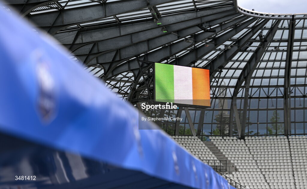 9 June 2026; The Republic of Ireland flag is displayed in the stadium before the 2027 FIFA Women’s World Cup Qualifier match between France and Republic of Ireland at Stade des Alpes in Grenoble, France. Photo by Stephen McCarthy/Sportsfile