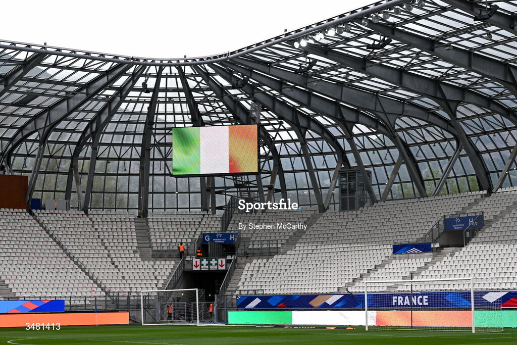 9 June 2026; The Republic of Ireland flag is displayed in the stadium before the 2027 FIFA Women’s World Cup Qualifier match between France and Republic of Ireland at Stade des Alpes in Grenoble, France. Photo by Stephen McCarthy/Sportsfile