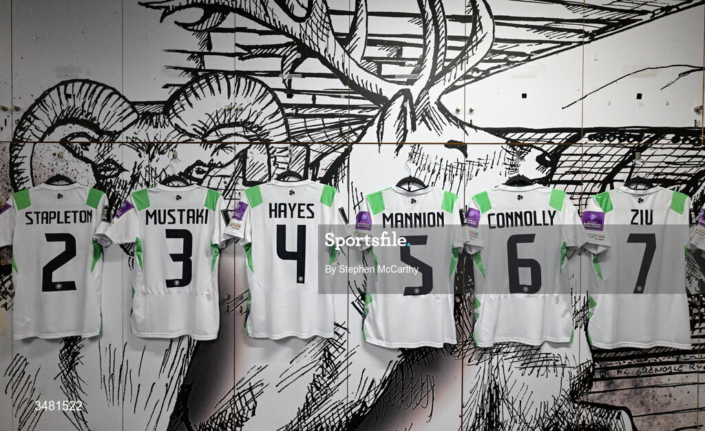 9 June 2026; A general view of the jerseys of Jessie Stapleton, Chloe Mustaki, Caitlin Hayes, Aoife Mannion, Megan Connolly and Jess Ziu in the dressing room before the 2027 FIFA Women’s World Cup Qualifier match between France and Republic of Ireland at Stade des Alpes in Grenoble, France. Photo by Stephen McCarthy/Sportsfile