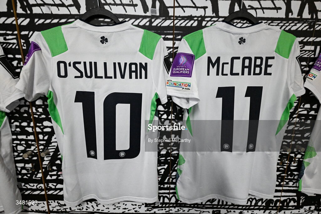 9 June 2026; A general view of the jerseys of Denise O'Sullivan and Katie McCabe in the dressing room before the 2027 FIFA Women’s World Cup Qualifier match between France and Republic of Ireland at Stade des Alpes in Grenoble, France. Photo by Stephen McCarthy/Sportsfile
