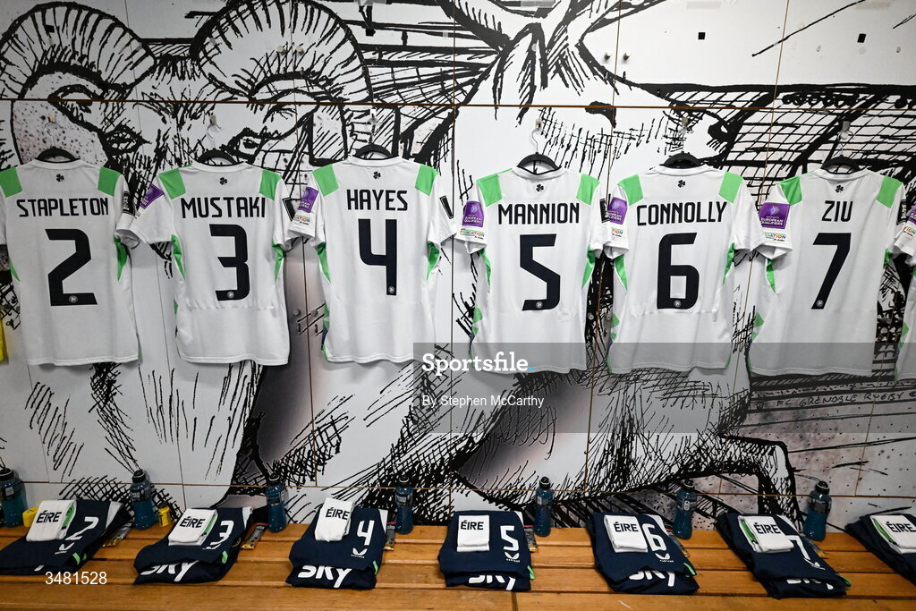 9 June 2026; A general view of the jerseys of Jessie Stapleton, Chloe Mustaki, Caitlin Hayes, Aoife Mannion, Megan Connolly and Jess Ziu of Republic of Ireland before the 2027 FIFA Women’s World Cup Qualifier match between France and Republic of Ireland at Stade des Alpes in Grenoble, France. Photo by Stephen McCarthy/Sportsfile