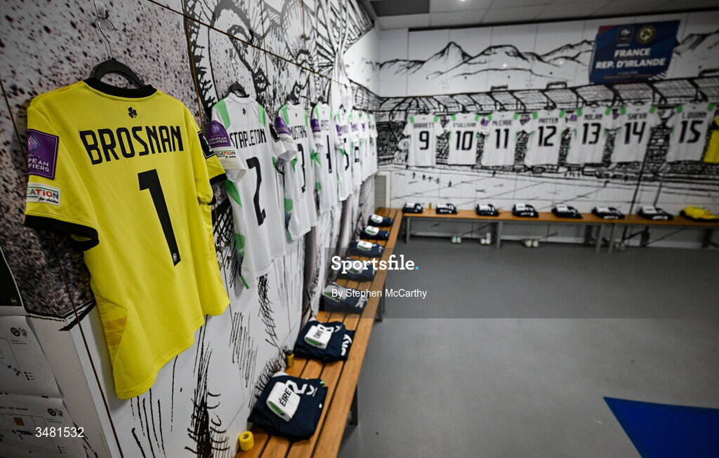 9 June 2026; A general view of Republic of Ireland goalkeeper Courtney Brosnan's jersey beside the rest of the team's jerseys before the 2027 FIFA Women’s World Cup Qualifier match between France and Republic of Ireland at Stade des Alpes in Grenoble, France. Photo by Stephen McCarthy/Sportsfile