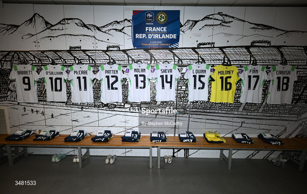 9 June 2026; A general view of jerseys inside the Republic of Ireland's dressing room before the 2027 FIFA Women’s World Cup Qualifier match between France and Republic of Ireland at Stade des Alpes in Grenoble, France. Photo by Stephen McCarthy/Sportsfile