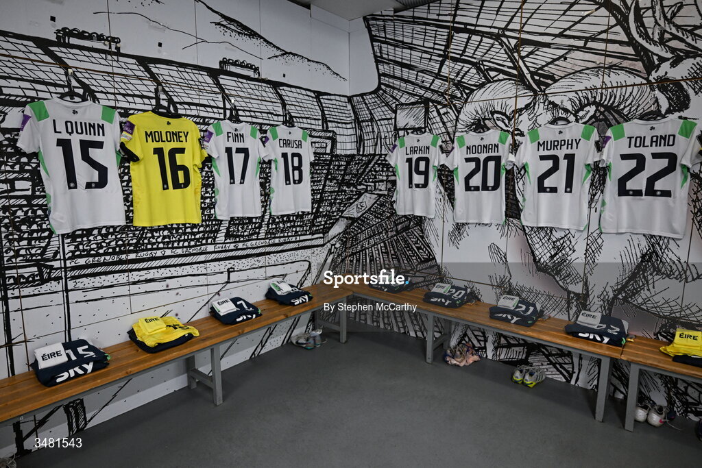 9 June 2026; A general view of jerseys inside the Republic of Ireland's dressing room before the 2027 FIFA Women’s World Cup Qualifier match between France and Republic of Ireland at Stade des Alpes in Grenoble, France. Photo by Stephen McCarthy/Sportsfile