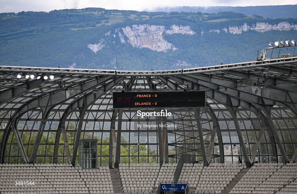 9 June 2026; A general view of Stade des Alpes including the scoreboard before the 2027 FIFA Women’s World Cup Qualifier match between France and Republic of Ireland at Stade des Alpes in Grenoble, France. Photo by Stephen McCarthy/Sportsfile
