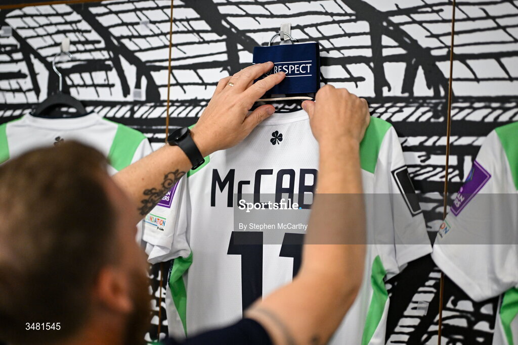 9 June 2026; Kitman Barry Sanfey adjusts the captain's armband assisgned to Katie McCabe's jersey in the Republic of Ireland dressing room before the 2027 FIFA Women’s World Cup Qualifier match between France and Republic of Ireland at Stade des Alpes in Grenoble, France. Photo by Stephen McCarthy/Sportsfile