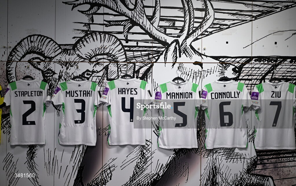 9 June 2026; A general view of the jerseys of Jessie Stapleton, Chloe Mustaki, Caitlin Hayes, Aoife Mannion, Megan Connolly and Jess Ziu in the dressing room before the 2027 FIFA Women’s World Cup Qualifier match between France and Republic of Ireland at Stade des Alpes in Grenoble, France. Photo by Stephen McCarthy/Sportsfile