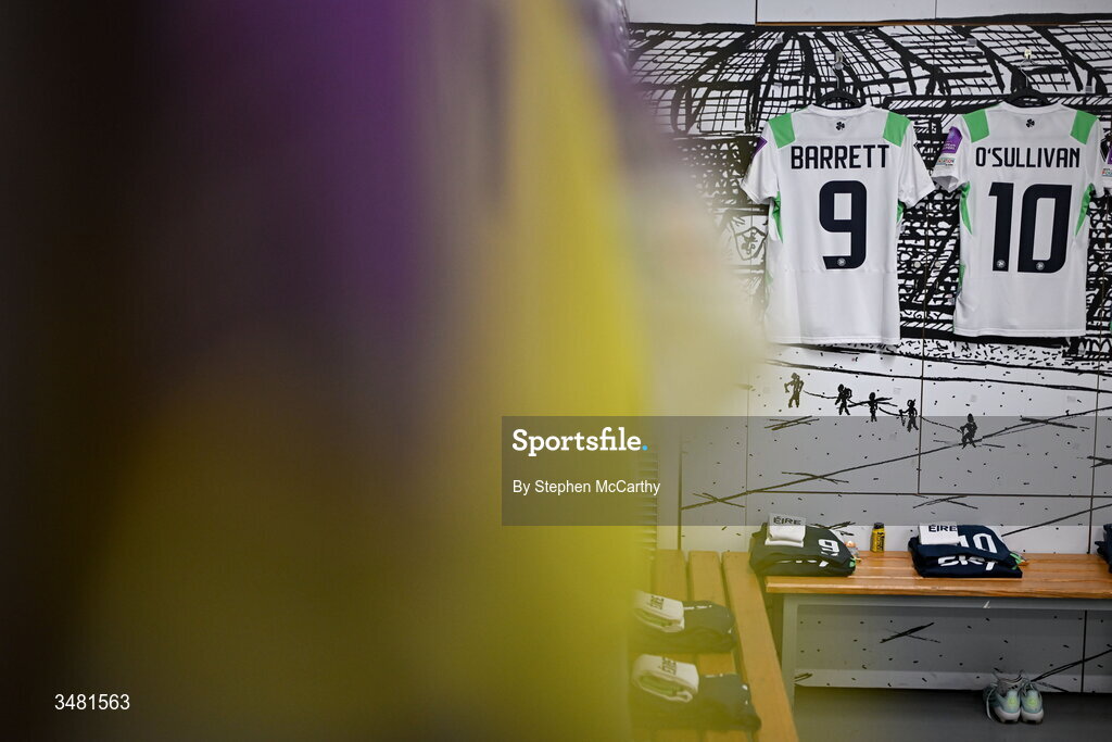 9 June 2026; The jerseys of Amber Barrett and Denise O'Sullivan of Republic of Ireland before the 2027 FIFA Women’s World Cup Qualifier match between France and Republic of Ireland at Stade des Alpes in Grenoble, France. Photo by Stephen McCarthy/Sportsfile