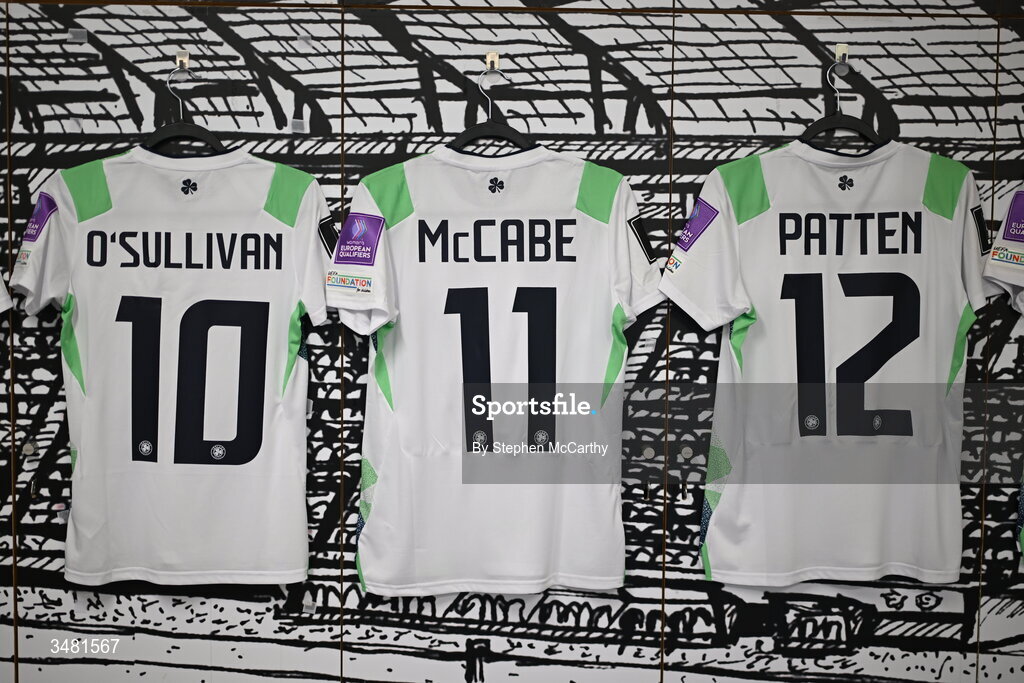 9 June 2026; The jerseys of Denise O'Sullivan, Katie McCabe and Anna Patten of Republic of Ireland in the dressing room before the 2027 FIFA Women’s World Cup Qualifier match between France and Republic of Ireland at Stade des Alpes in Grenoble, France. Photo by Stephen McCarthy/Sportsfile
