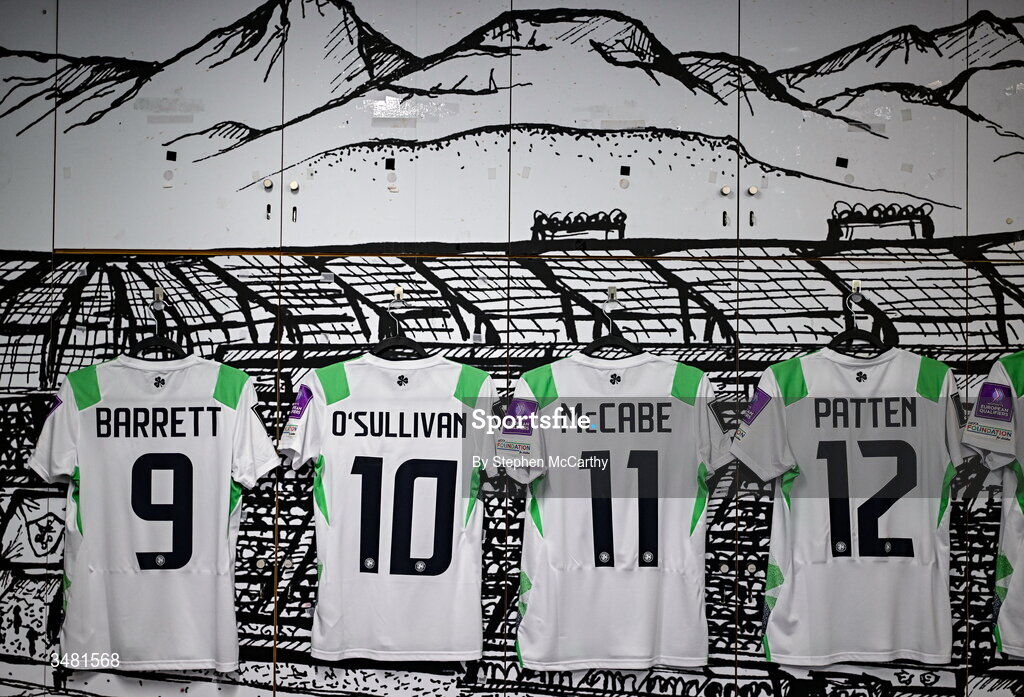 9 June 2026; The jerseys of Amber Barrett, Denise O'Sullivan, Katie McCabe and Anna Patten of Republic of Ireland in the dressing room before the 2027 FIFA Women’s World Cup Qualifier match between France and Republic of Ireland at Stade des Alpes in Grenoble, France. Photo by Stephen McCarthy/Sportsfile