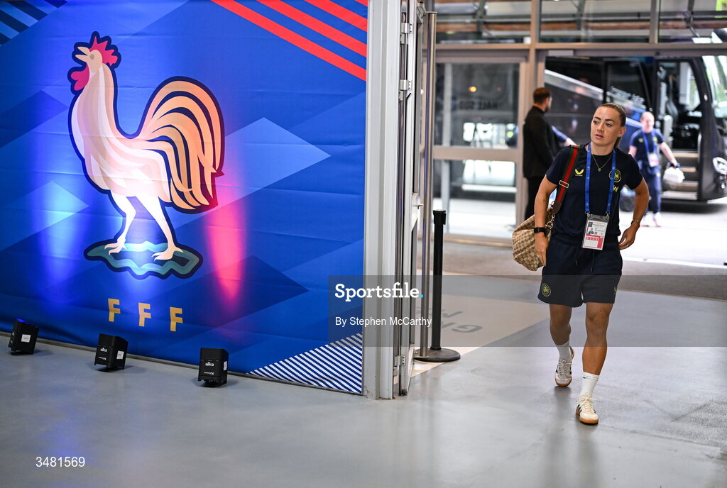 9 June 2026; Katie McCabe of Republic of Ireland arrives before the 2027 FIFA Women’s World Cup Qualifier match between France and Republic of Ireland at Stade des Alpes in Grenoble, France. Photo by Stephen McCarthy/Sportsfile
