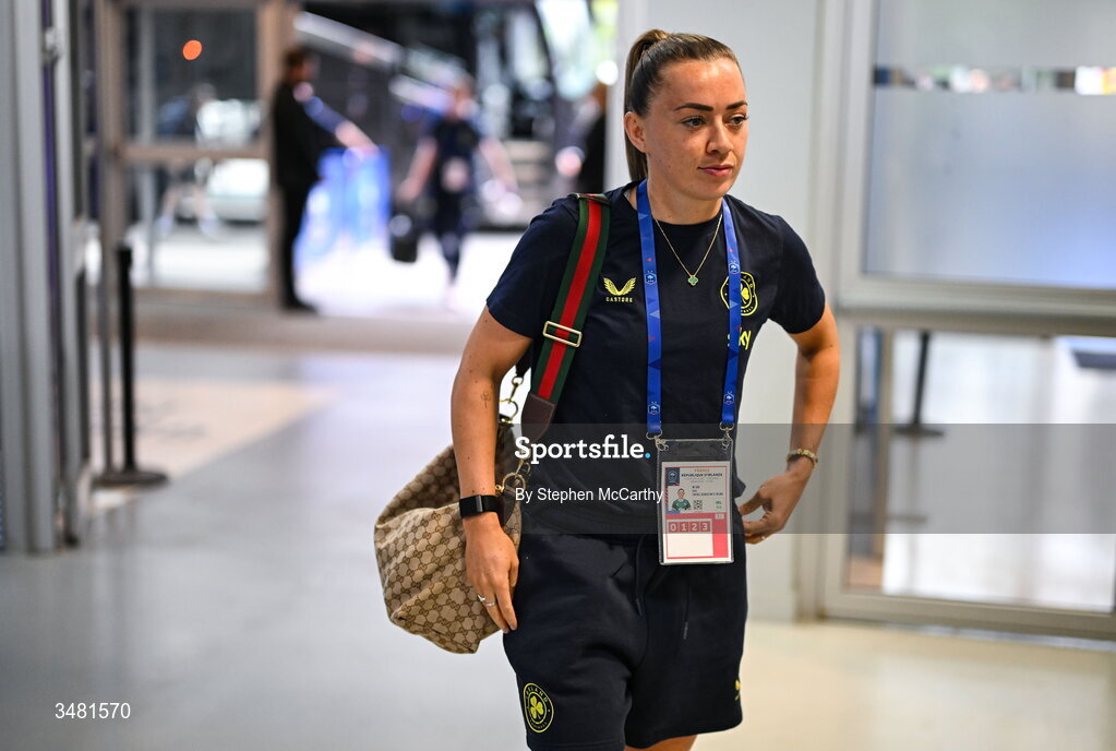 9 June 2026; Katie McCabe of Republic of Ireland arrives before the 2027 FIFA Women’s World Cup Qualifier match between France and Republic of Ireland at Stade des Alpes in Grenoble, France. Photo by Stephen McCarthy/Sportsfile