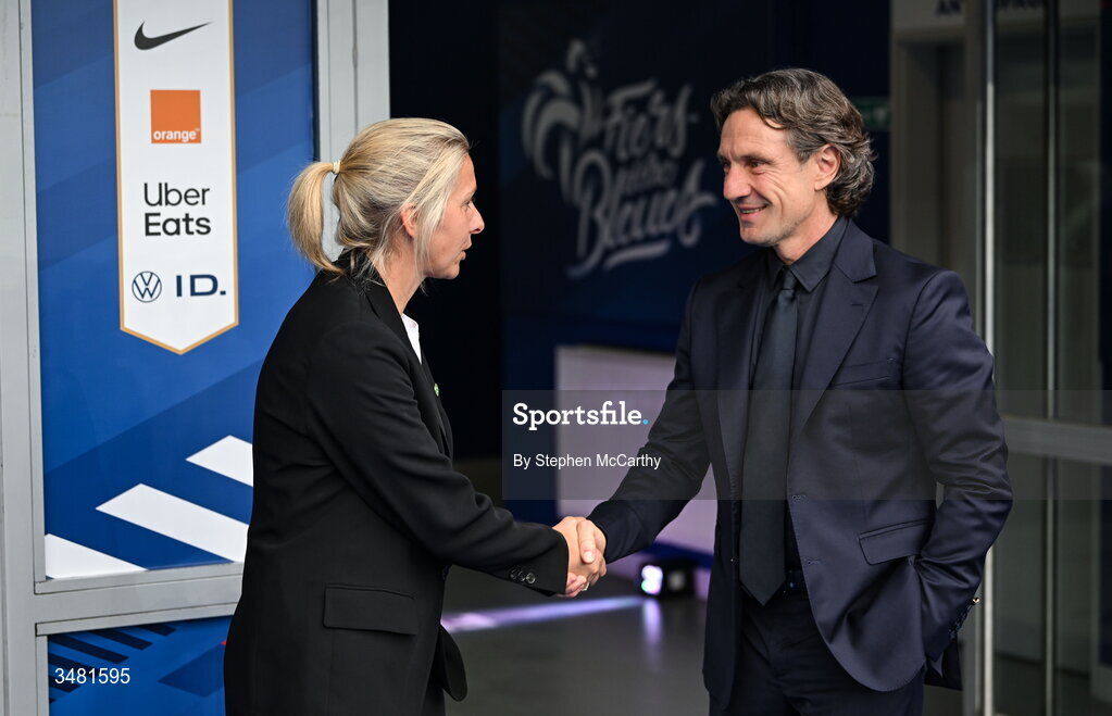 9 June 2026; Republic of Ireland head coach Carla Ward shakes hands with France head coach Laurent Bonadei before the 2027 FIFA Women’s World Cup Qualifier match between France and Republic of Ireland at Stade des Alpes in Grenoble, France. Photo by Stephen McCarthy/Sportsfile