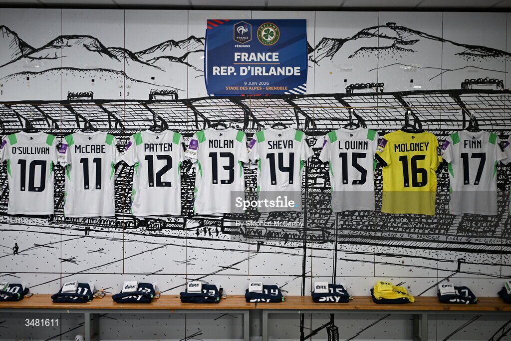 9 June 2026; A general view of jerseys in the Republic of Ireland dressing room before the 2027 FIFA Women’s World Cup Qualifier match between France and Republic of Ireland at Stade des Alpes in Grenoble, France. Photo by Stephen McCarthy/Sportsfile
