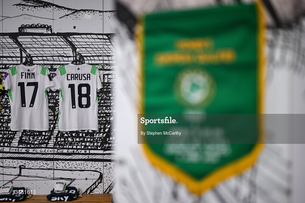 9 June 2026; The jerseys of Jamie Finn and Kyra Carusa of Republic of Ireland in the dressing room before the 2027 FIFA Women’s World Cup Qualifier match between France and Republic of Ireland at Stade des Alpes in Grenoble, France. Photo by Stephen McCarthy/Sportsfile