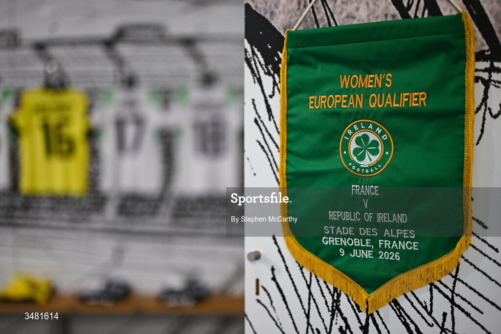 9 June 2026; The Republic of Ireland match pennant in the dressing room before the 2027 FIFA Women’s World Cup Qualifier match between France and Republic of Ireland at Stade des Alpes in Grenoble, France. Photo by Stephen McCarthy/Sportsfile