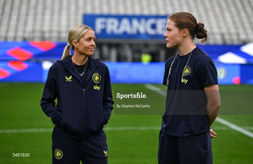9 June 2026; Denise O’Sullivan and Emily Murphy of Republic of Ireland inspect the pitch before the 2027 FIFA Women’s World Cup Qualifier match between France and Republic of Ireland at Stade des Alpes in Grenoble, France. Photo by Stephen McCarthy/Sportsfile