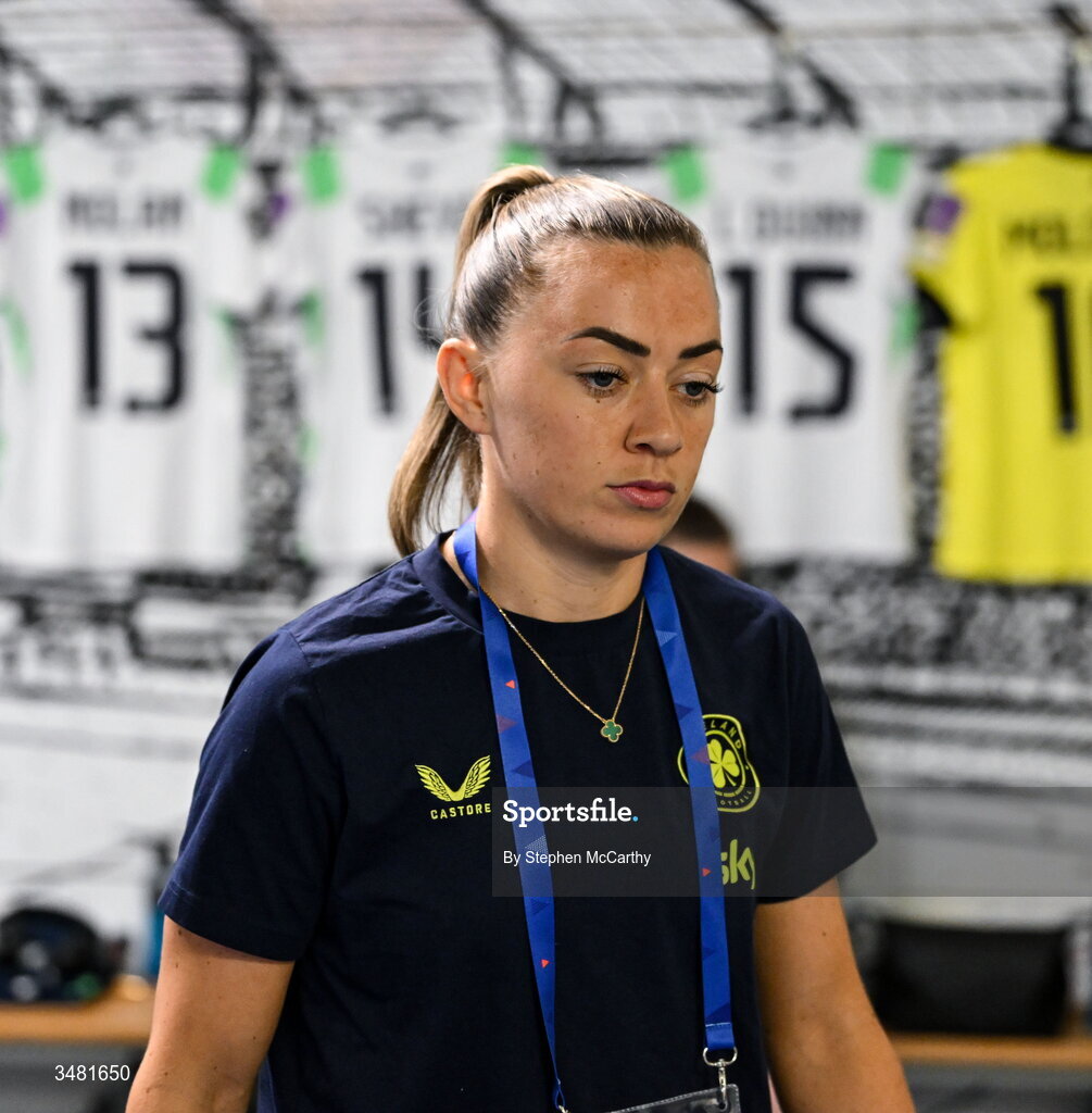 9 June 2026; Katie McCabe of Republic of Ireland in the dressing room before the 2027 FIFA Women’s World Cup Qualifier match between France and Republic of Ireland at Stade des Alpes in Grenoble, France. Photo by Stephen McCarthy/Sportsfile
