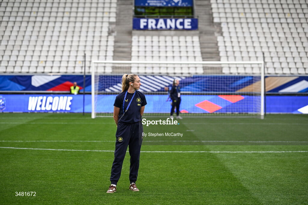 9 June 2026; Megan Connolly of Republic of Ireland walks the pitch before the 2027 FIFA Women’s World Cup Qualifier match between France and Republic of Ireland at Stade des Alpes in Grenoble, France. Photo by Stephen McCarthy/Sportsfile