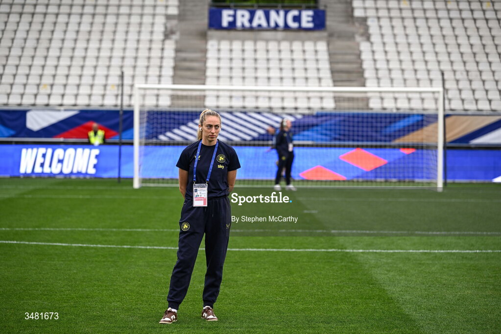9 June 2026; Megan Connolly of Republic of Ireland walks the pitch before the 2027 FIFA Women’s World Cup Qualifier match between France and Republic of Ireland at Stade des Alpes in Grenoble, France. Photo by Stephen McCarthy/Sportsfile