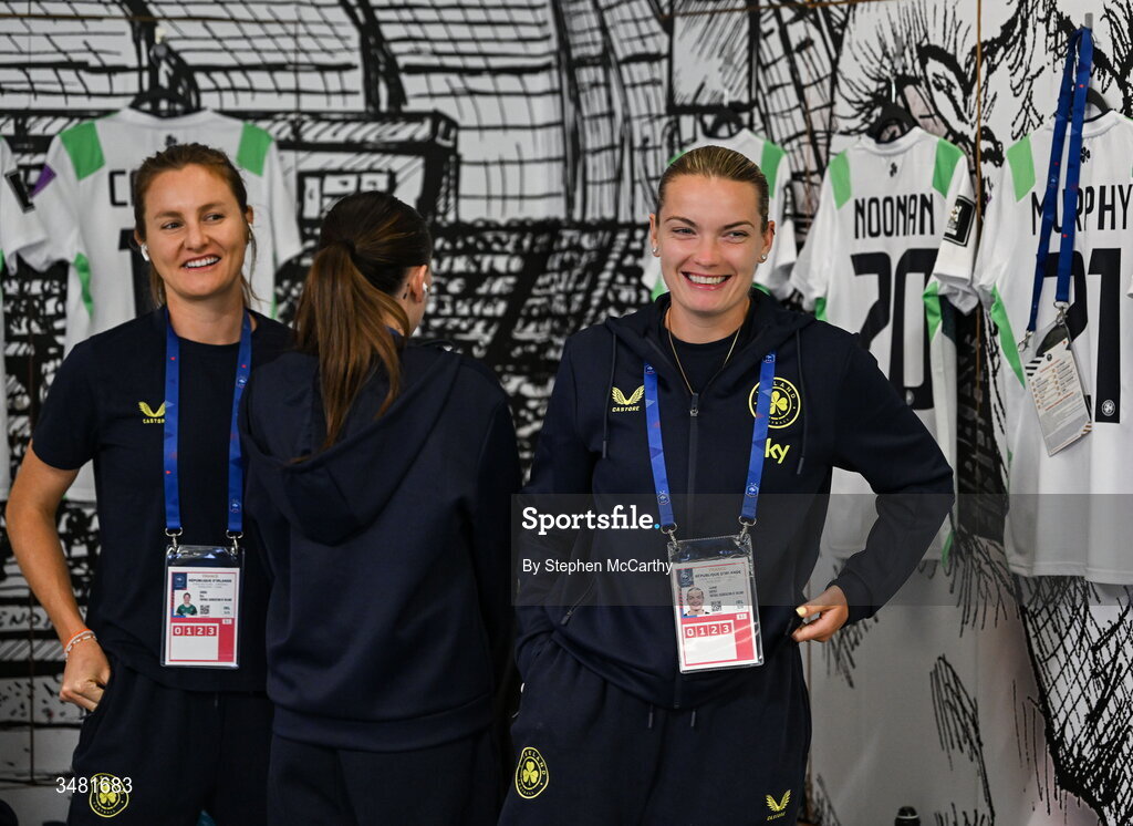 9 June 2026; Kyra Carusa and Saoirse Noonan of Republic of Ireland in the dressing room before the 2027 FIFA Women’s World Cup Qualifier match between France and Republic of Ireland at Stade des Alpes in Grenoble, France. Photo by Stephen McCarthy/Sportsfile